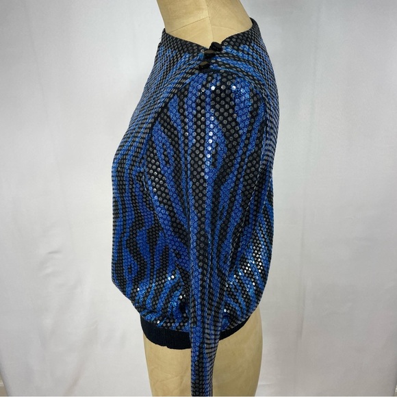 Vtg 80s Glam St. John Knit Sweater Blue Zebra Top Rock Sequin Shiny Retro Print - Picture 3 of 16